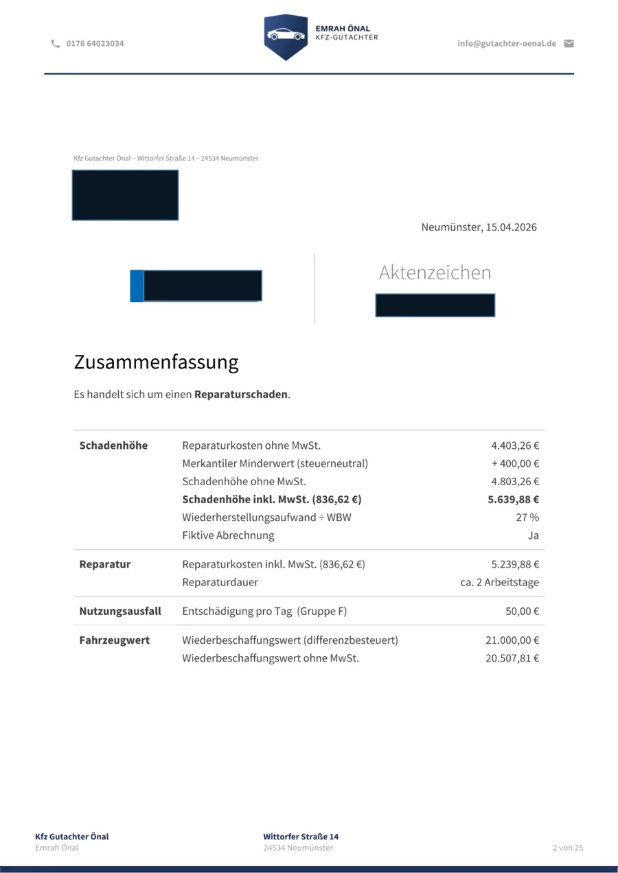 Zusammenfassung der Schadenhöhe